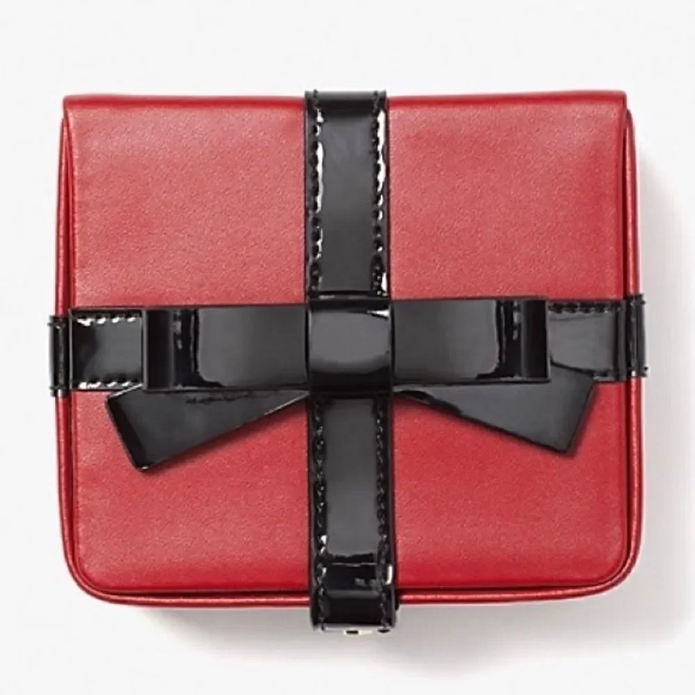 KATE SPADE GIFT/CANDY BOX LEATHER JEWELRY BOX IN RED CURRANT BLACK BOW NEW